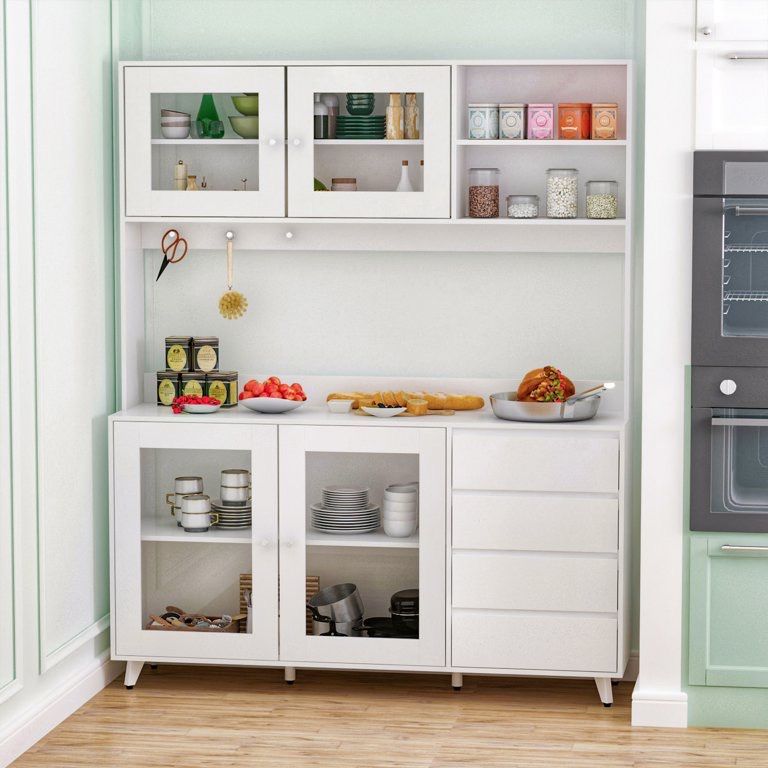 Kitchen Pantry Storage Cabinet, Kitchen Hutch Sideboard Buffet Cabinet Wood Cupboard with Glass Door and 4 Storage Drawers, White