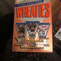 Unopened Wheaties box with Bart Starr, Terry Bradshaw, Troy Aikman on the front 30th Super Bowl anniversary box