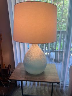 Surya Large Blue Textured Glass Table Lamp with Linen Shade