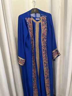 Blue And Gold Jalabiya Dress With Cover Up And Headband Kashkha Brand Dubai United Arab Emirates Large