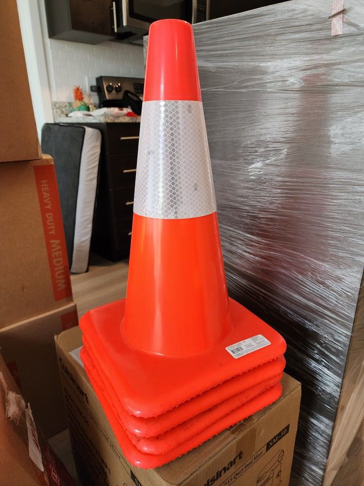 (4) 18 in. Orange Reflective Molded PVC Traffic Safety Cone with Durable Base