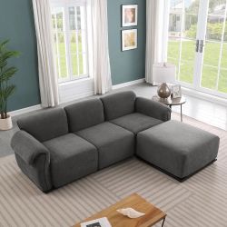 93" L-Shaped Modular Chenille Sectional Sofa with Movable Ottoman，Grey