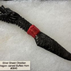 Silver sheen obsidian Dragon carved buffalo horn Athame