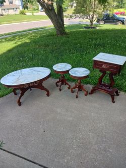 Set Of 4 Mahogany And Marble Top Tables