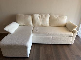White Boucle Sectional Pull-Out Couch