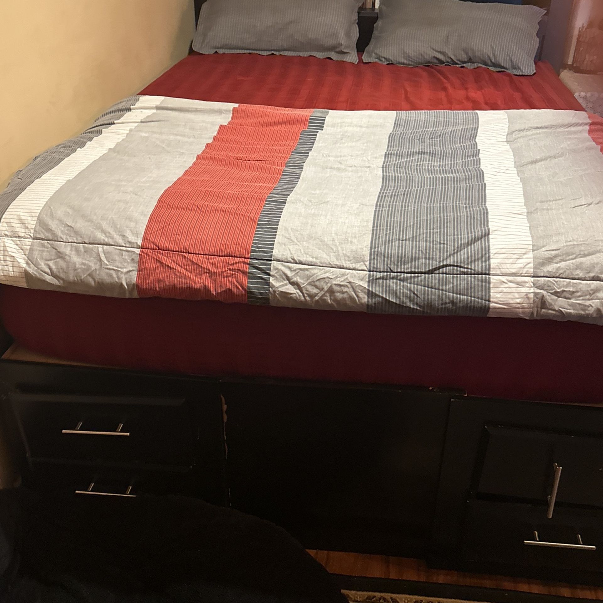 Dark Wood Queen Bed Frame with Built-in Storage