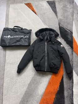Moose Knuckles Black Bomber Jacket with Fur Hood