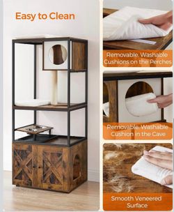 Cat Tree, Scratching Post, Cat House with Litter Compartment, Raised Bowl Holder, Sisal Post, Washable Carpets, Vintage Brown PCT312X01