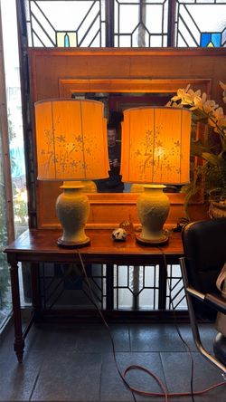 Mid Century Wildwood  Green  Celadon Ginger jar lamps very Rare  beautiful porcelain glaze Birds