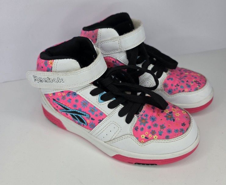 Reebok Leather & Pink White Floral Hi Top Big Girls Shoe Size 2 #10572