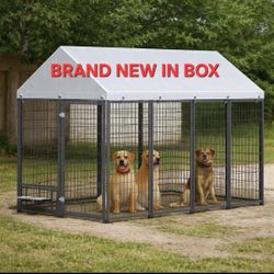 Brand new in box Large heavy duty 8'x6x4 dog kennel w/ all weather roof tarp, bowls & swivel feed door reinforced iron dog cage Corral de mascota  nue