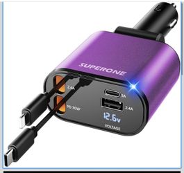  Cargador retráctil SUPERONE 4 en 1, cargador de teléfono rápido para automóvil con cable de 2.6 pies, USB C y adaptador de cargador de automóvil Appl
