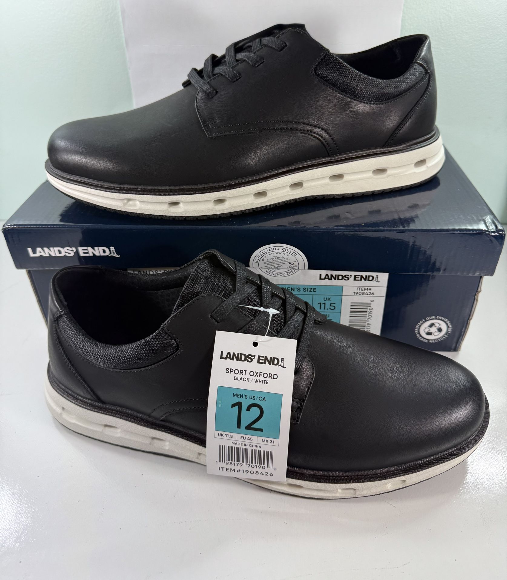New Lands' End Mens Shoes Oxford Black Casual Cushioned Lace-Up Lightweight Durable - Size 12