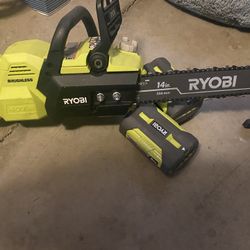 14 Inch Ryobi Chainsaw & Hi Cap Batts 