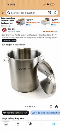 Gas One Fryer Pot 32 quart - All Purpose - Stainless Steel Tri-Ply Bottom with All Purpose Pot Deep Fryer Steam & Boiling Basket 164