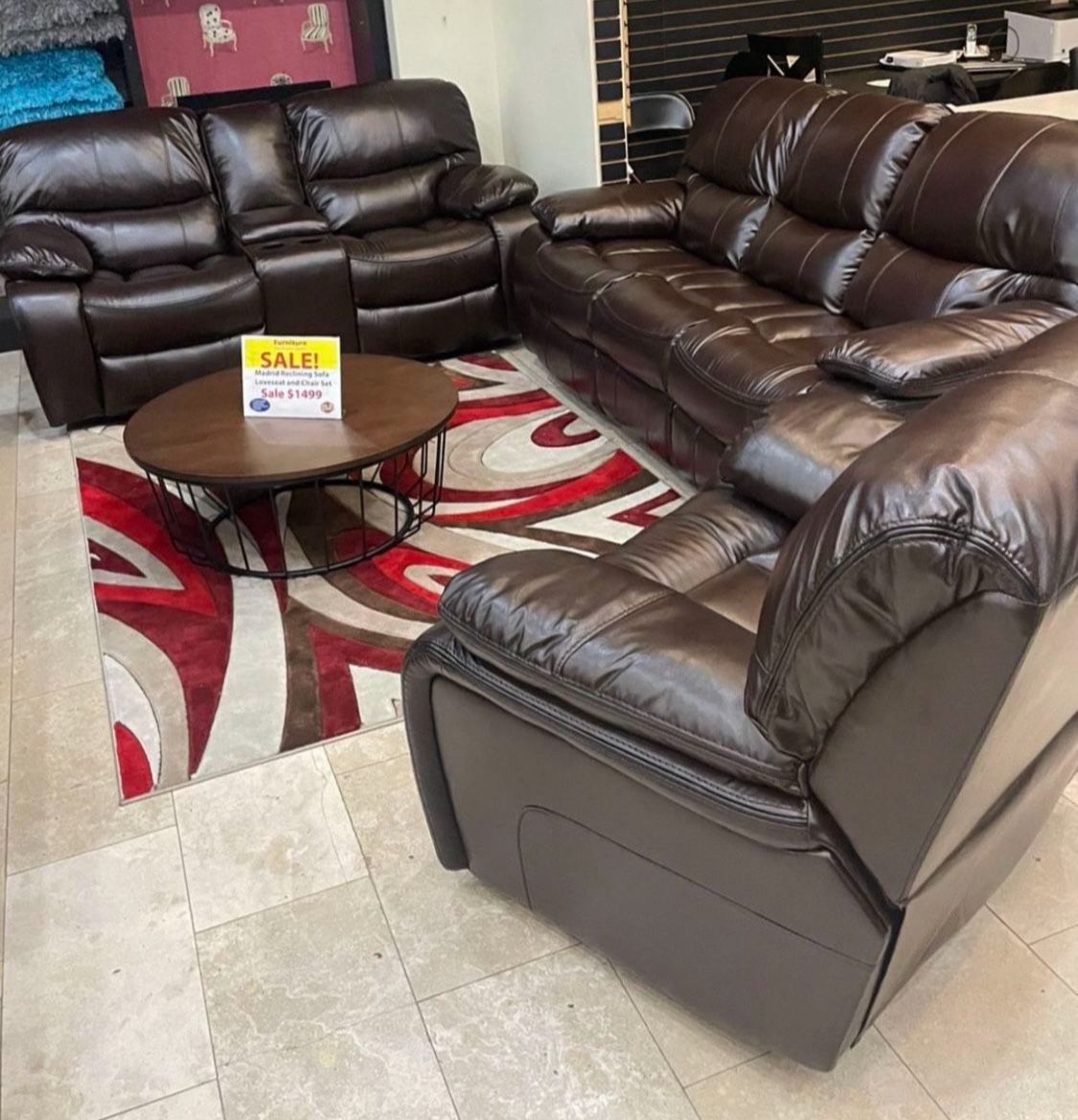 Fourth of July sale. Madrid Brown, leather reclining sofa and loveseat set $1199. Recliner chair, $399. Easy finance. Same-day delivery.