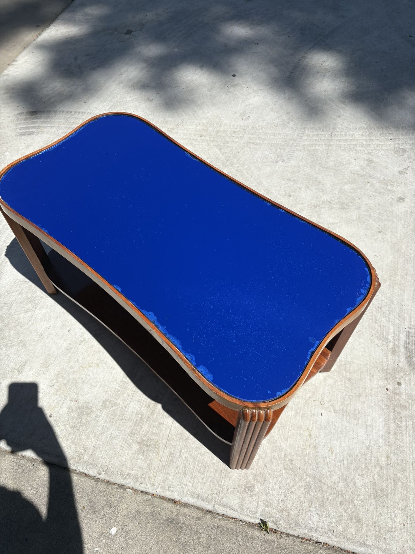 Vintage Wood Art Deco Coffee Table Colbolt Blue Mirrored Glass Top MCM