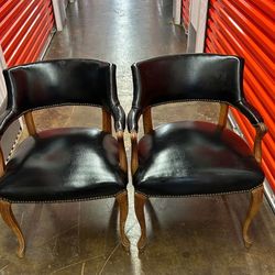 Pair of Vintage Louis XV Style Black Leather Barrel Back Chairs - Nailhead Trim