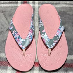 Crocs iconic comfort pink floral Womens flip flops Size W8