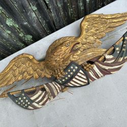 Signed 84 Yr Old Hand Carved Eagle With Flag And Paint