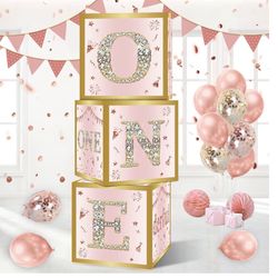 DataMoon 1st Birthday Decorations Boxes for Baby Girl - 3PCS Pink Rose Gold Onederful First Birthday Balloons Boxes, One Year Old Happy Birth Party Th