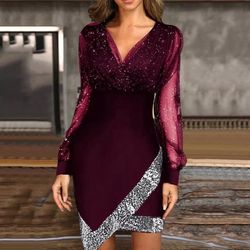 Party Dress Women'S  Red color Sexy Evening Sequins Long Sleeve A-Line Wedding Dress 2022 Luxury Vestidos De Party De Night Size(L).