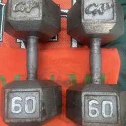 PAIR  OF  CAP  60  POUND  STEEL  HEX  DUMBBELLS