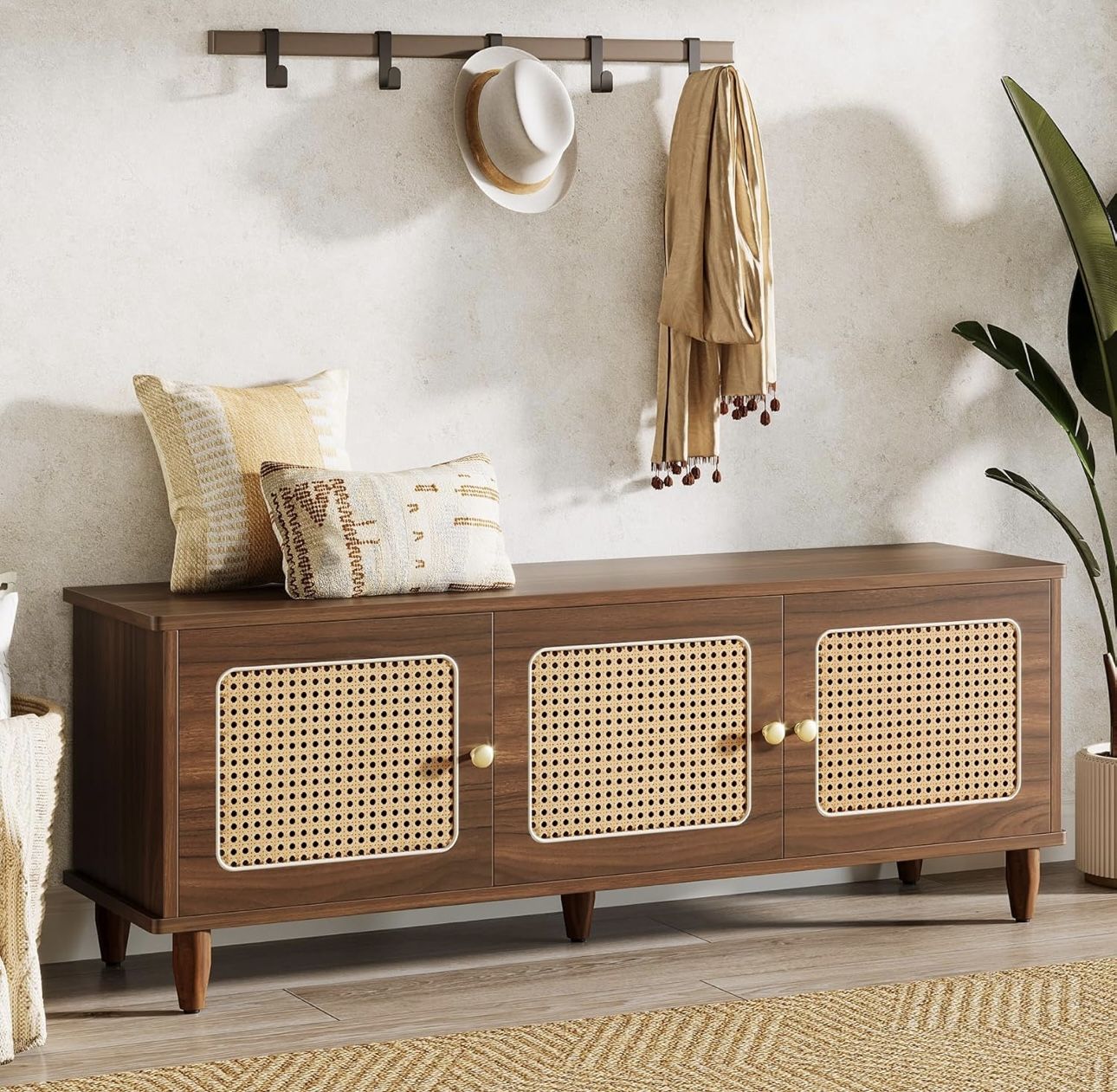 New assembled Storage Bench with Rattan Doors, 2-Tier Shoe Bench with Lift Top, 55" Wooden Large Shoe Storage Furniture with Hidden Compartment and Se