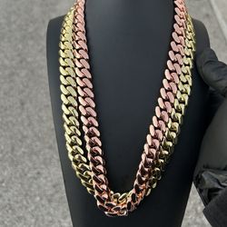 Chain 12mm 10mm 14mm Miami Cuban Link Gold & Rose Gold Plated Chain Necklace 18k & 14k 22inch 20inch 18inch 7inch 8inch