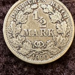 1906 - F Germany 1/2 Mark Coin 
