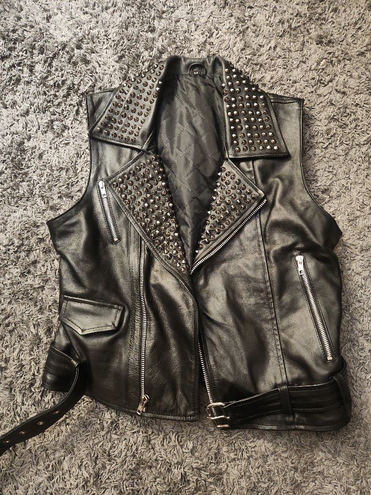 Hand Made Womens Black Studded Leather Vest