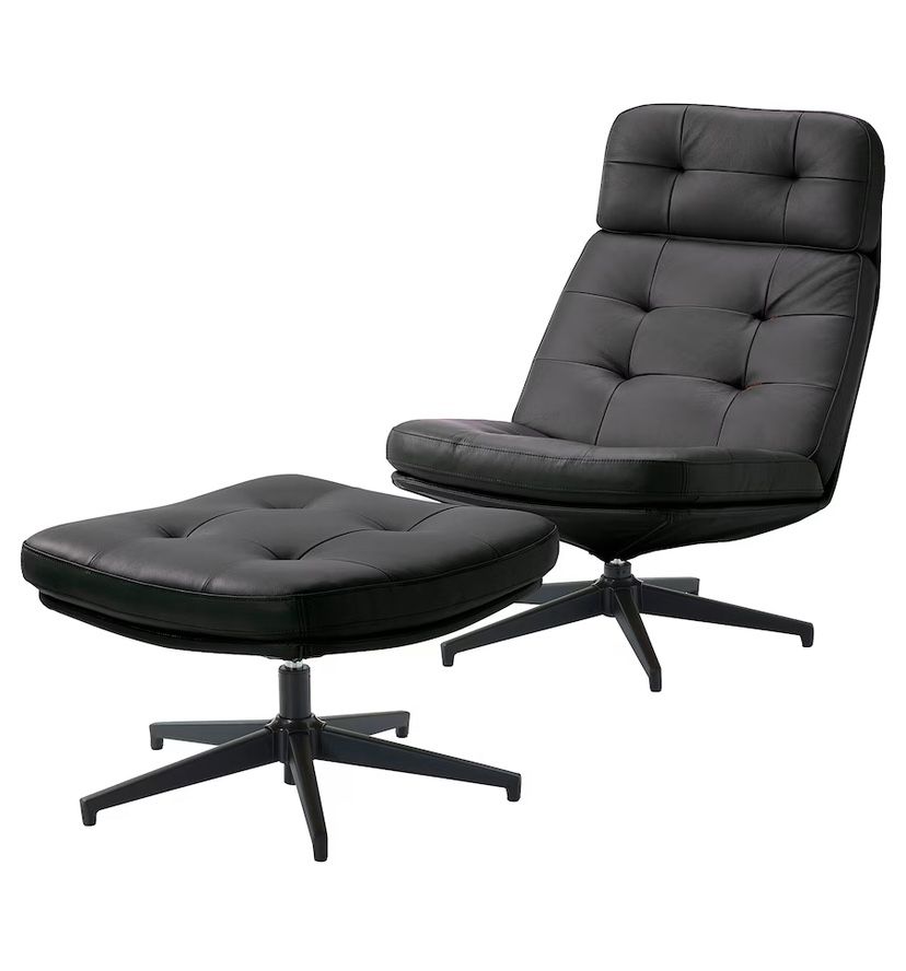 NEW! Black Genuine Lounge Leather Chair &Ottoman 