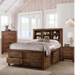 Queen Bed With Storage & Bookcase Headboard - Dresser Mirror Nightstand