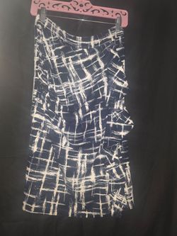 Navy & White Abstract Crosshatch Plaid Ruffle Side Pencil Skirt