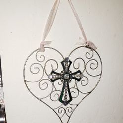 VINTAGE ORNATE FILIGREE SCROLL BEADED METAL CRUCIFIX CROSS PINK RIBBON WIND-CHIME ACCENT WALL ART DECOR