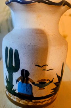 Vintage Mexican Tonala / Hand Painted Folk Art Clay Vase - Made in Mexico