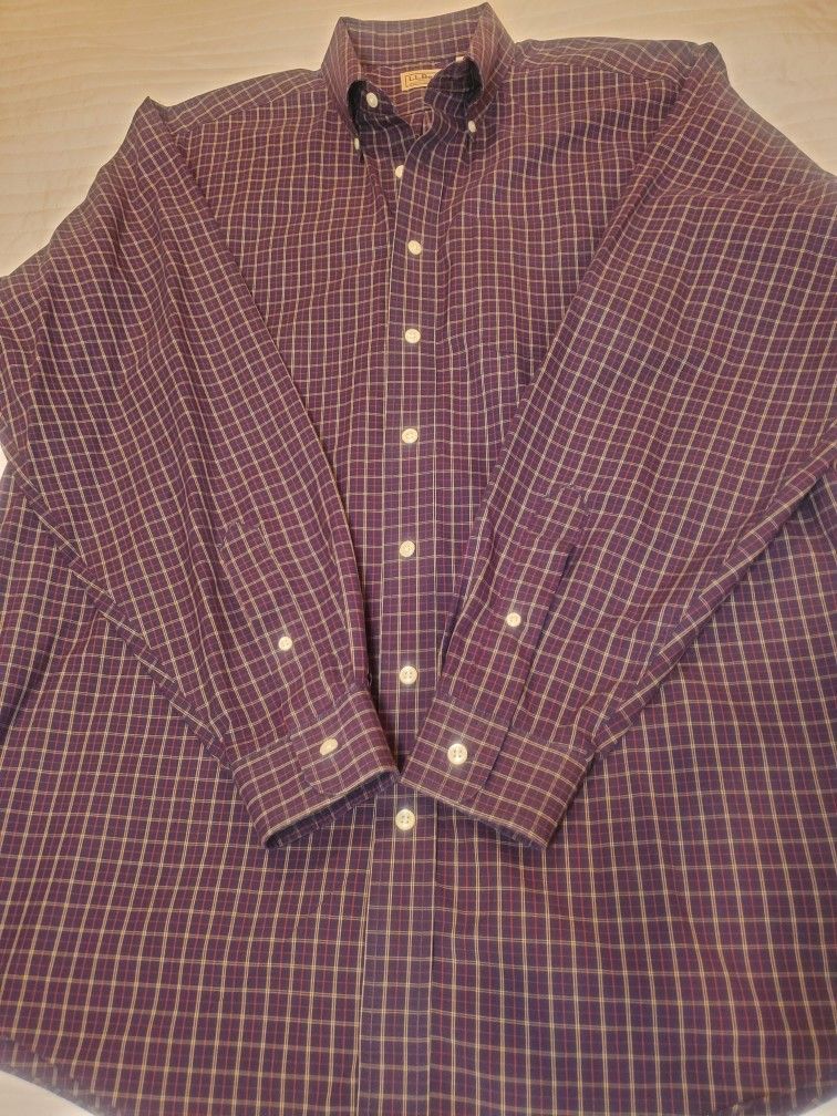 L. L. Bean Shirt Mens Large Tall Blue Plum  Check Plaid Long Sleeve Button Up 