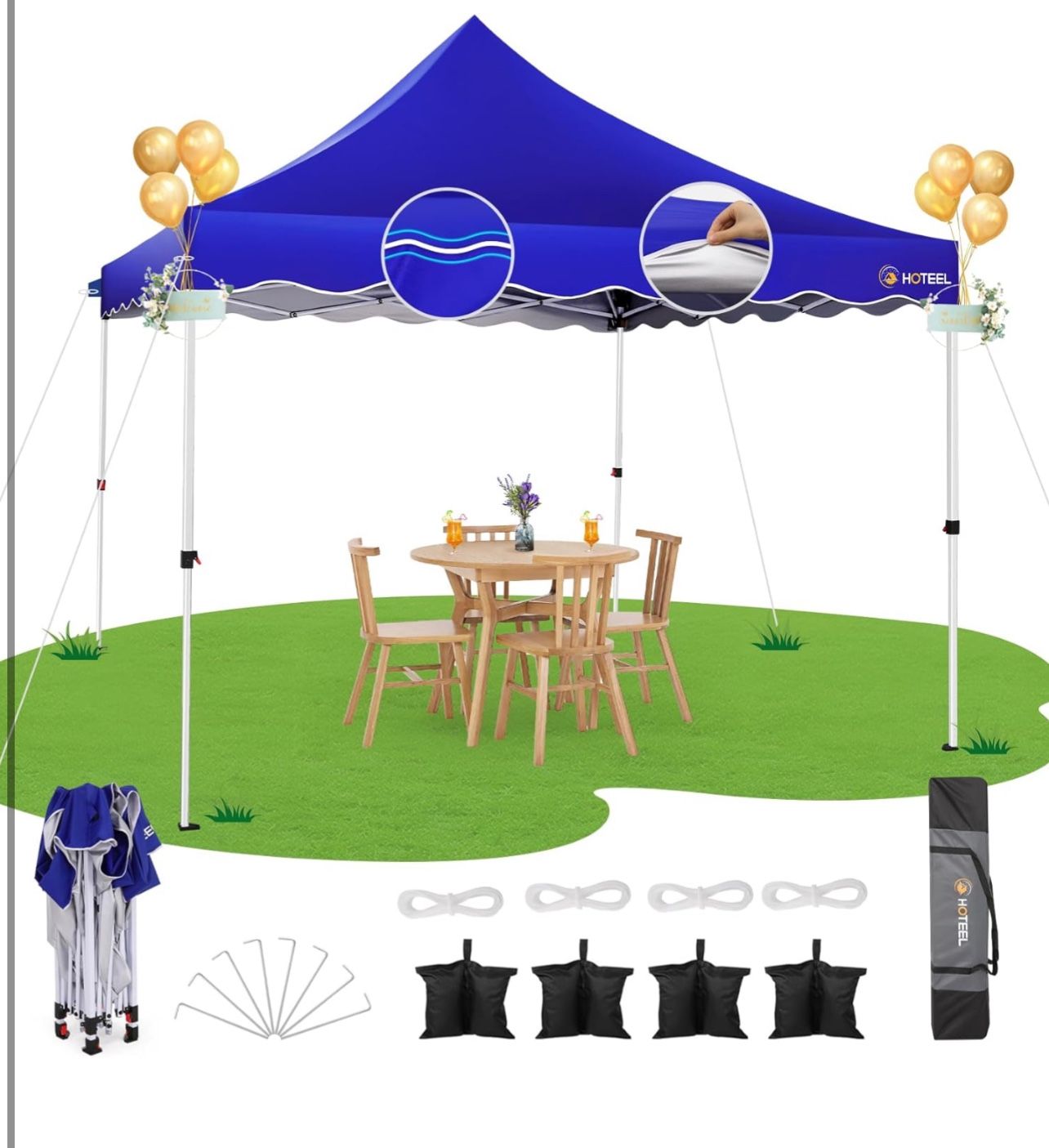 Brand New In The Box- Hoteel 10x10 Pop Up Canopy Tent for Parties with 4 Sandbags, 4 Ropes, 4 Stakes & Wavy Edge, One Person EZ Setup, Thickened 0.6mm