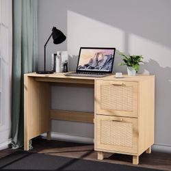 2 Drawer Writing Desk, Hamilton Rattan Computer Desk Table with Storage for Bedroom,Living Room,Entryway, Durable Modern Luxury Wood Home and Office F