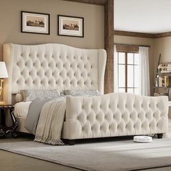 Tall Platform Bed Frame with Button Tufted Wingback Queen Size