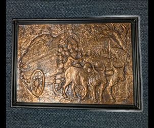 13.5" x 10" Framed vintage copper bas-relief metal wall art piece depicting a rural ox cart and farm scene