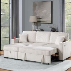 🌐 Sofa Bed, Beige Color, Corduroy Fabric, New In The Box.