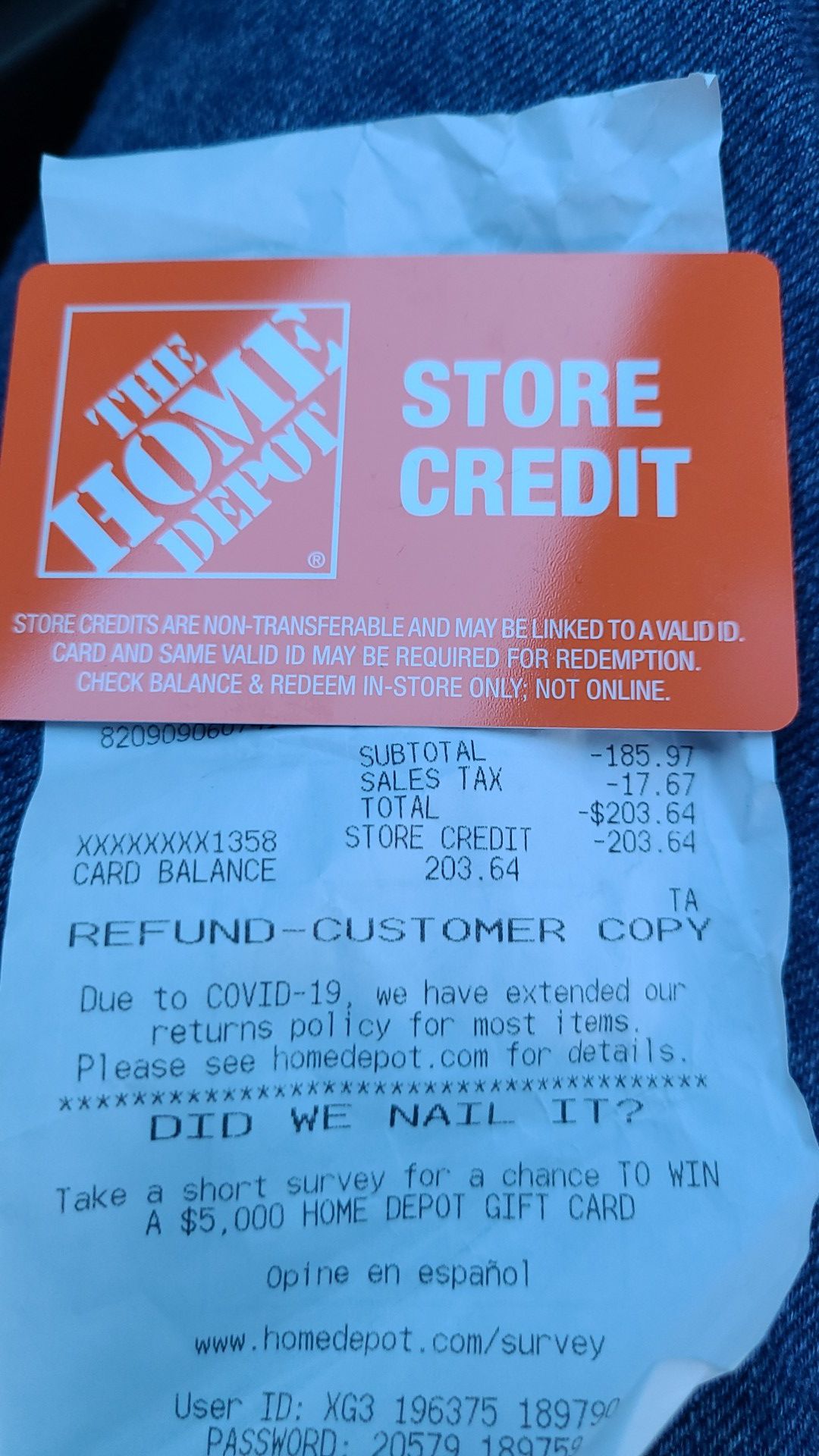 THE HOME DEPOT STORE CREDIT $203 FOR $150
