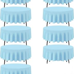 9  Pack Light Blue Round Tablecloths 90 Inch - Circle Bulk Linen Polyester Fabric Washable Table Cloth Cover