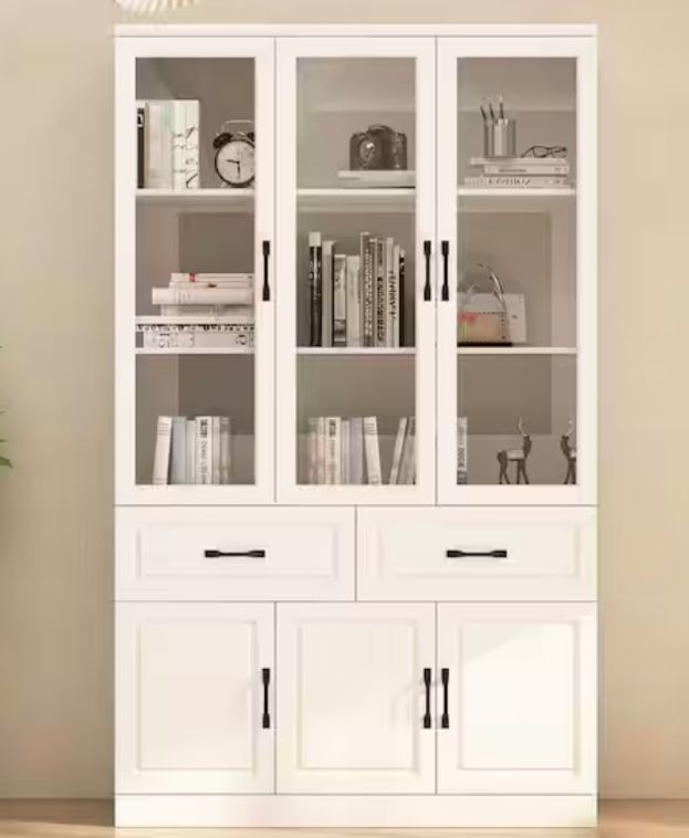 White Wood Storage Cabinet With Adjustable Shelves, Glass Doors