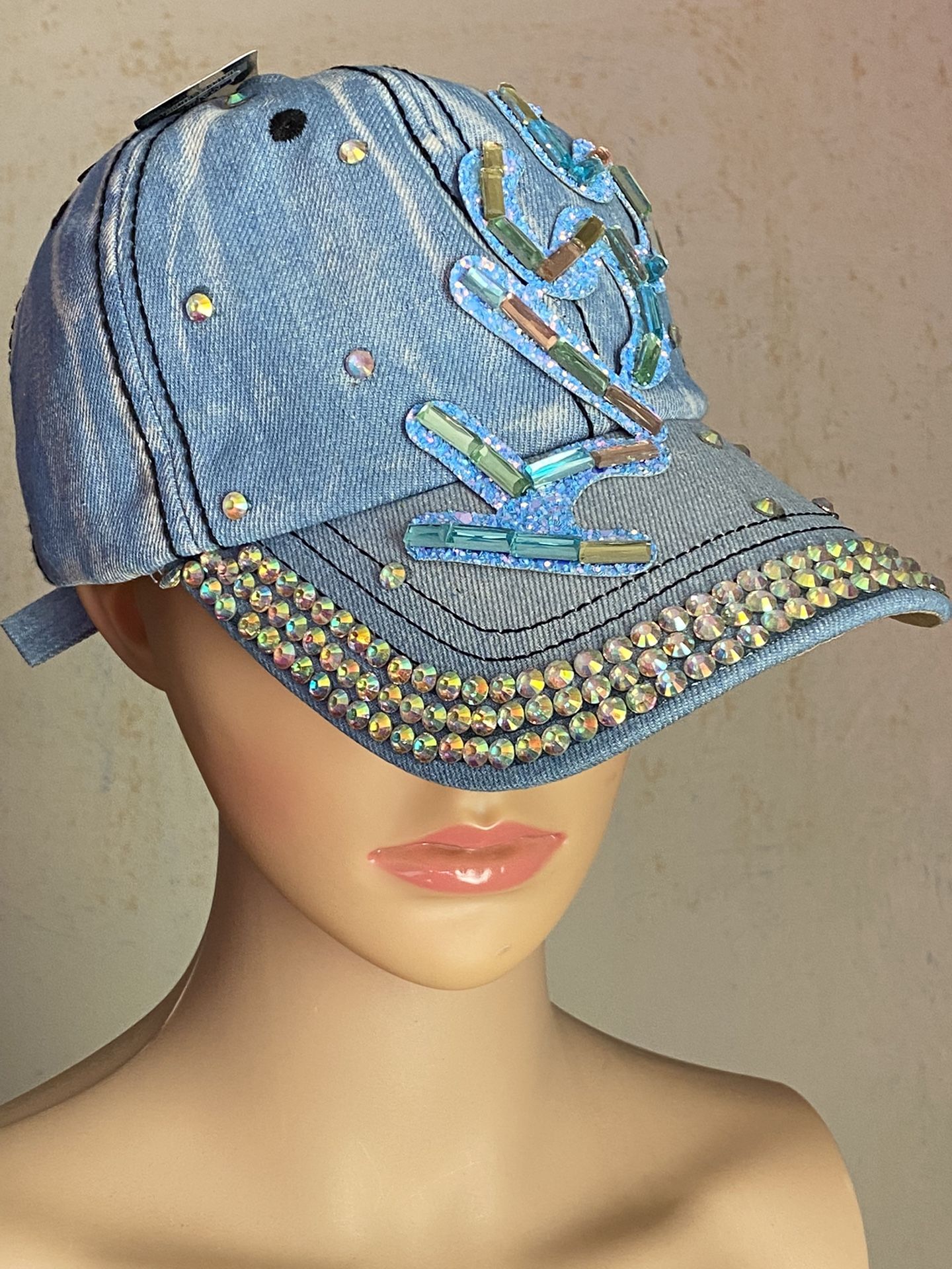 STYLE #3-KISS(LIGHT DENIM ). CUTE HAT W/BLING. SHINES & SHIMMERS IN THE LIGHT.