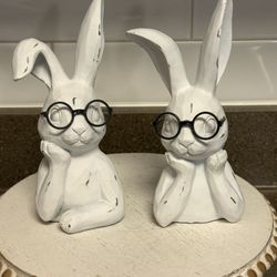 New Set Of 2 Rustic Farmhouse Rabbits Wearing Glasses