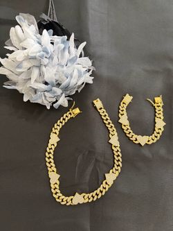 Gold Heart Cuban Link Necklace and Bracelet Set - Women's Jewelry
