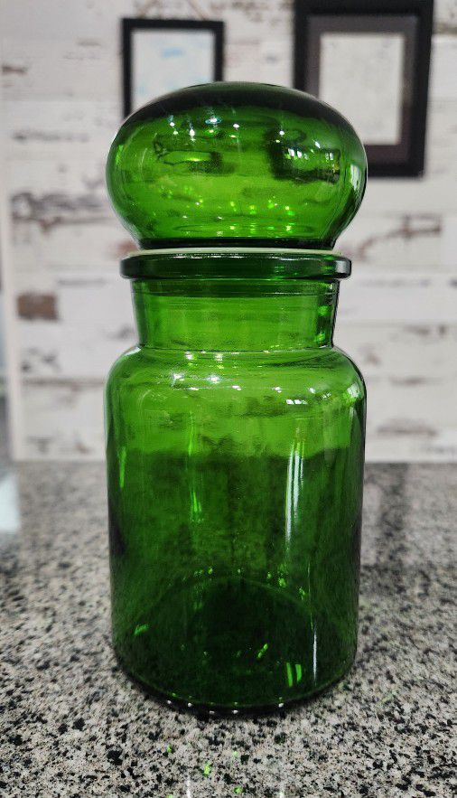 Vintage Apothecary Green Bubble Glass Jar With Lid 7"