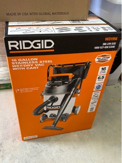 BRAND NEW IN BOX RIDGID 16 Gal. 6.5 Peak HP Stainless Steel Shop Vacuum WD1956 Wet Dry Vac with Fine Dust Filter, Hose, Accessories and LED Cuff